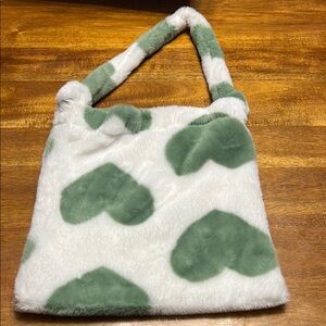 Green and White Faux Fur Heart Bag